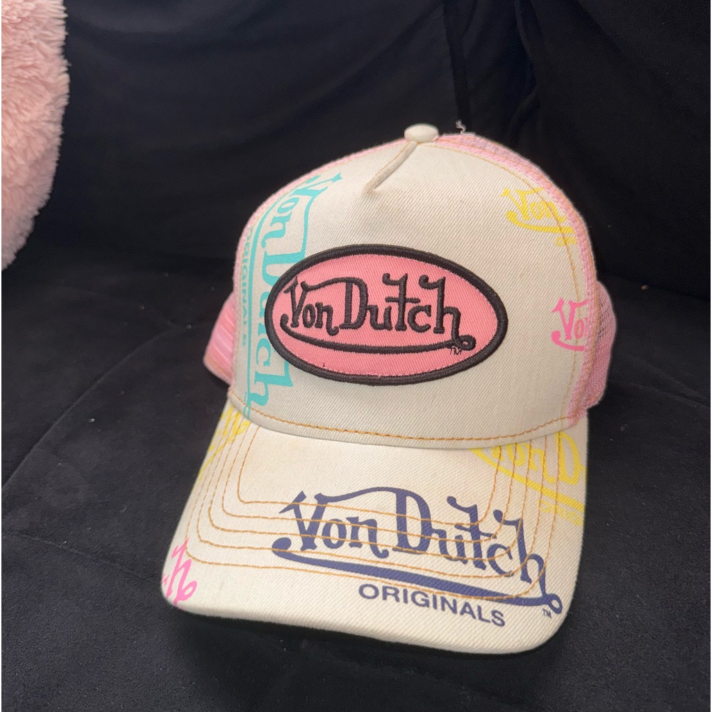 Cream Von Dutch Originals trucker hat with the oval script patch and foam front panel